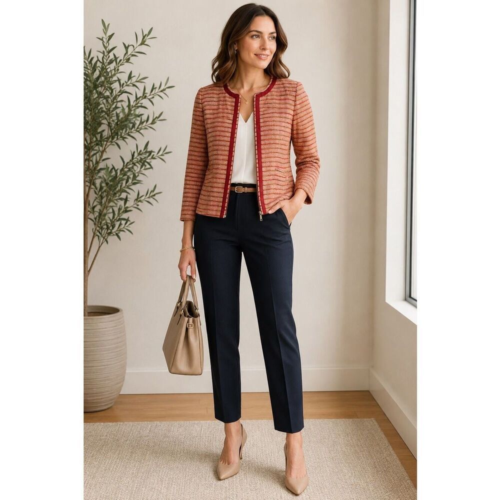 Lafayette 148 New York Textured Zip Front Jacket Size 4 Red Multi Career Chic